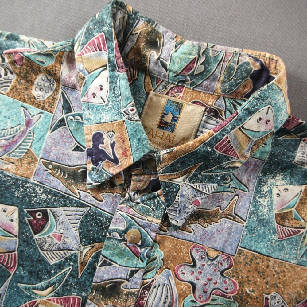 Retro Kahala Geometric Aquatic Fish Mermaid Hawaiian Aloha Pullover Men Shirt L